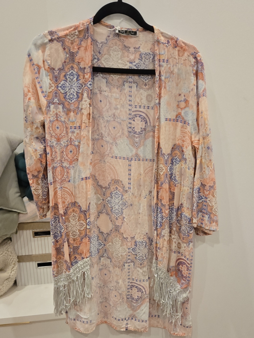 Light Peach & Blue Patterned Fringe Kimono - Women Tops